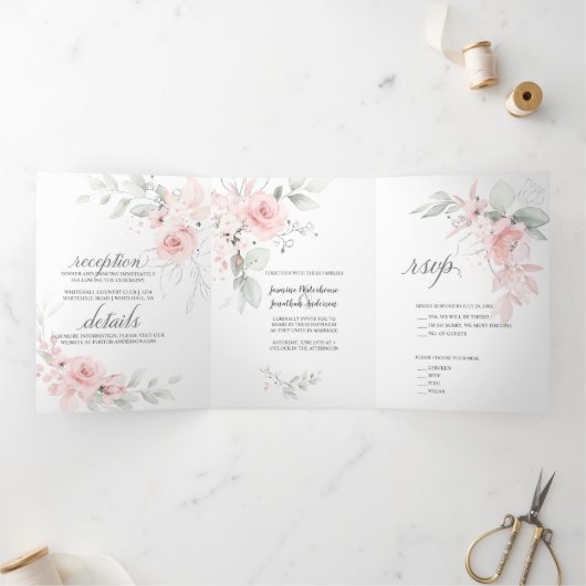 Invitation Trois Volets Aquarelle rose pâle Roses Sage Green Feuilles (Intérieur)