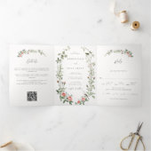 Invitation Trois Volets Aquarelle Rose Vins Oiseau Chic Tout en un Mariage (Intérieur)