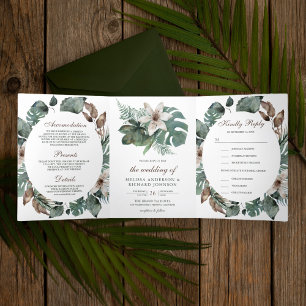 Invitation Trois Volets Aquarelle rustique Feuille tropical Mariage floral