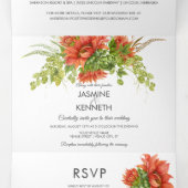 Invitation Trois Volets Aquarelle rustique Fleurs de soleil rouge/orange V (Intérieur au milieu)