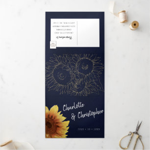 Invitation Trois Volets Aquarelle tournesol bleu marine tout en un mariage