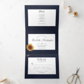 Invitation Trois Volets Aquarelle tournesol bleu marine tout en un mariage (Intérieur)