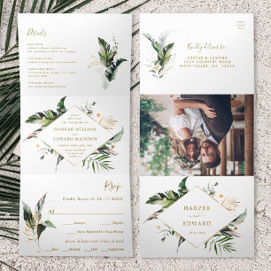 Invitation Trois Volets Aquarelle Tropicale Feuille Mariage Or tout en un