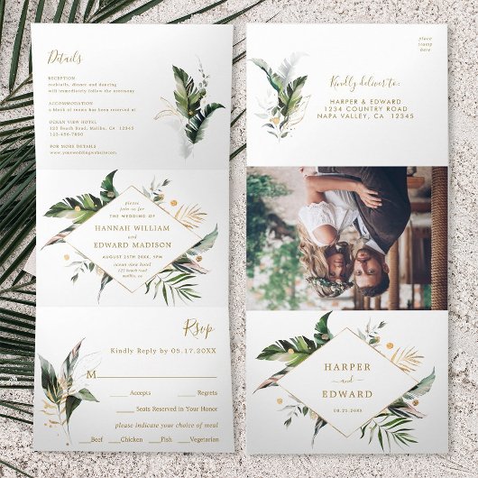 Invitation Trois Volets Aquarelle Tropicale Feuille Mariage Or tout en un
