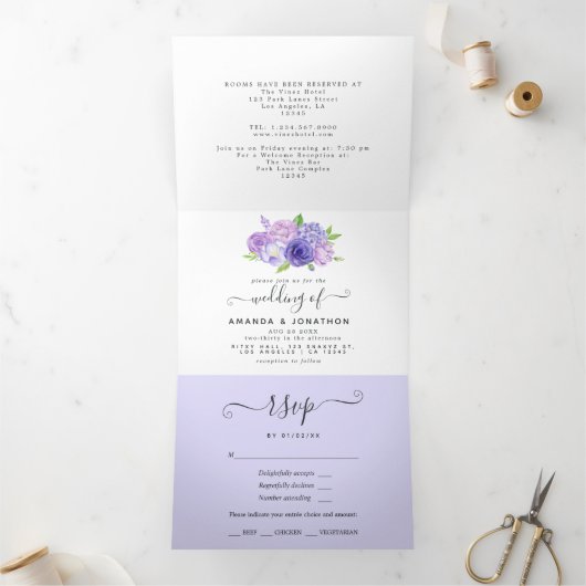 Invitation Trois Volets Aquarelle Ultra Violet Mariage Floral Tout en un (Intérieur)