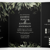 Invitation Trois Volets Aquarelle Verdure Feuille Foliage Mariage Noir (Intérieur au milieu)
