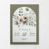 Invitation Trois Volets Aquarelle vert d'olive kaki Mariage de fleurs (Page de couverture)