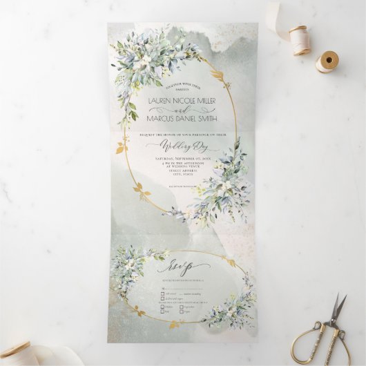 Invitation Trois Volets Aquarelle Vert Floral Or Oval Frame (Intérieur)