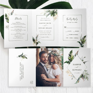Invitation Trois Volets Aquarelle verte tropicale Feuilles Mariage Tri-Fol