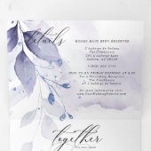 Invitation Trois Volets Aquarelle Violet Feuilles TOUT EN UN MARIAGE (Intérieur en premier)