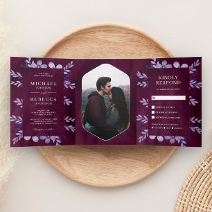 Invitation Trois Volets Aquarelle violette Dusty Floral Photo Plum Mariage