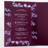 Invitation Trois Volets Aquarelle violette Dusty Floral Photo Plum Mariage (Intérieur en premier)