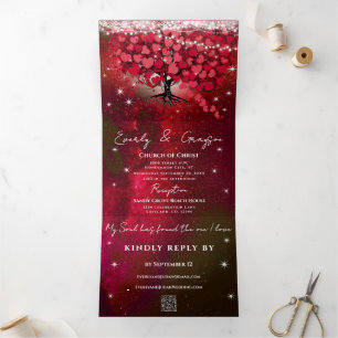 Invitation Trois Volets Arbre à feuilles en forme de cœur rouge et rose su