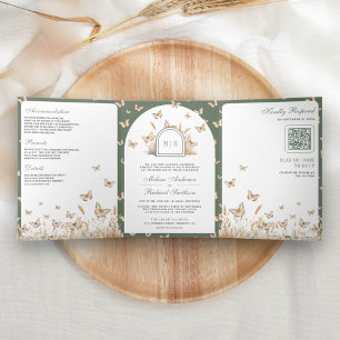 Invitation Trois Volets Arc de mariage papillon fleur sauvage beige vert s