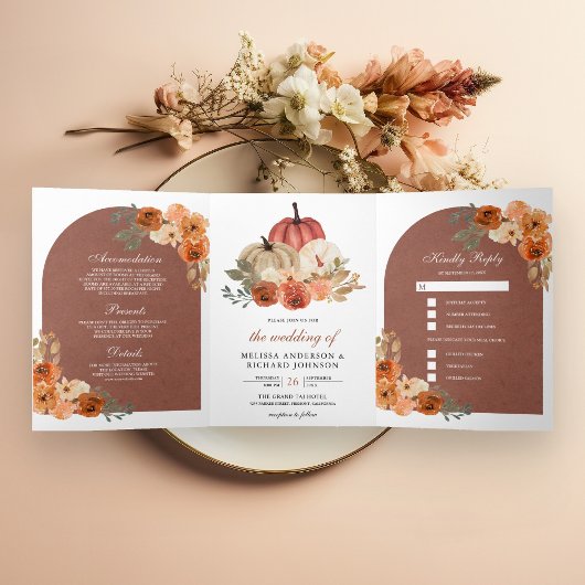 Invitation Trois Volets Arc de terre Terme Citrouille Floral Mariage