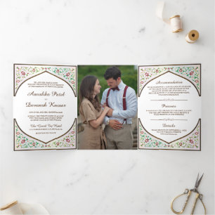 Invitation Trois Volets Arc floral ornementé ethnique marron pour mariage