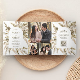 Invitation Trois Volets Arche de gazon de Pampas Boho séché Code QR Photo