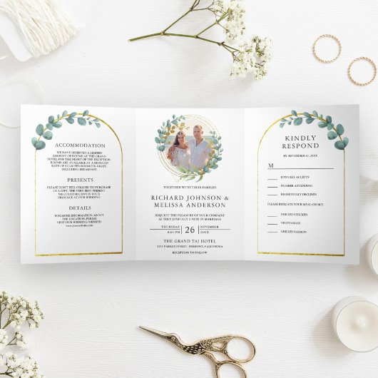 Invitation Trois Volets Arche d'or Rustique Eucalyptus Photo Mariage de co
