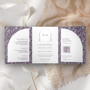 Invitation Trois Volets Arche en feuille d'art minima Dusty Mariage violet