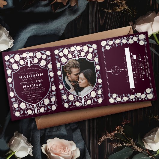 Invitation Trois Volets Argent épée & Bouclier Imaginaire médiéval Mariage