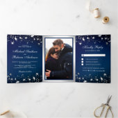 Invitation Trois Volets Argent Stars Confetti Midnight Blue Galaxy Mariage (Intérieur)