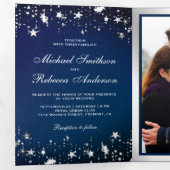 Invitation Trois Volets Argent Stars Confetti Midnight Blue Galaxy Mariage (Intérieur en premier)