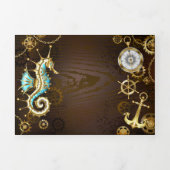 Invitation Trois Volets Arrière - plan en bois avec cheval de mer mécaniqu (Page de couverture)