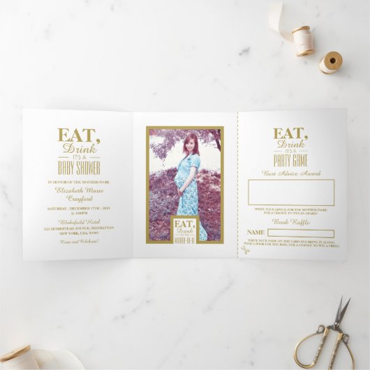 Invitation Trois Volets Art Déco Blanc & Or, Suite Baby shower Boissons (Intérieur)