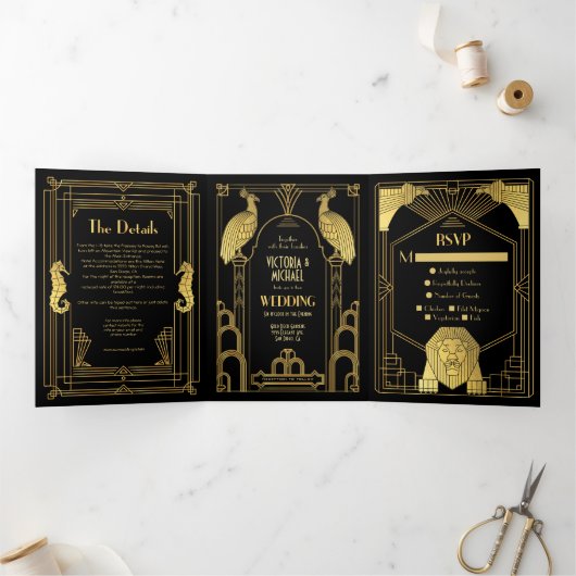 Invitation Trois Volets Art Déco Peacock Lion Seahorse Elephant Mariage (Intérieur)