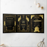 Invitation Trois Volets Art Déco Peacock Lion Seahorse Elephant Mariage Tr<br><div class="desc">Beau Faire-part de mariage Art Nouveau ou Déco, avec des polices d'or et Peacocks, SeaHorse, Elephant, Flacons et Lion sur un arrière - plan noir. Parfait pour un Gatsby, 1920, Flapper, interdiction, années 20 rugissantes, élégant lieu de mariage du soir. Mariage tout en un Tri-fold invitations qui viennent avec les...</div>