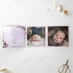 Invitation Trois Volets Aubergine Couronne de Feuillage Aquarelle, Bapteme