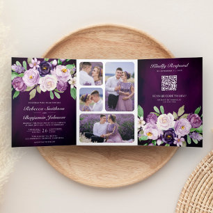 Invitation Trois Volets Aubergine Floral Code QR Mariage Sombre et Romanti