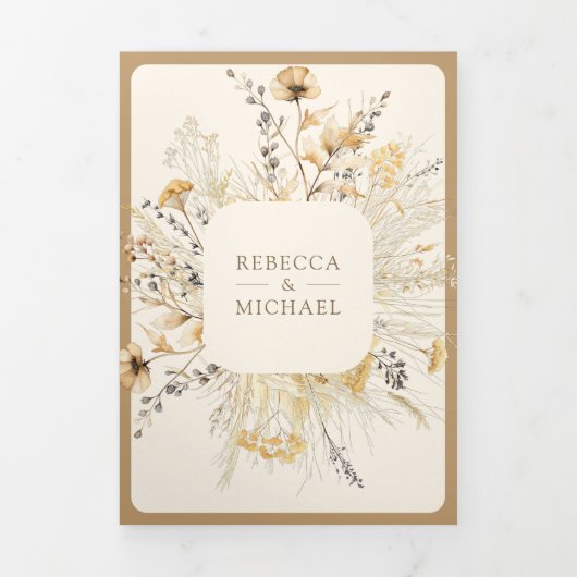 Invitation Trois Volets Automne Boho Fleur sauvage photo QR Code Mariage (Page de couverture)