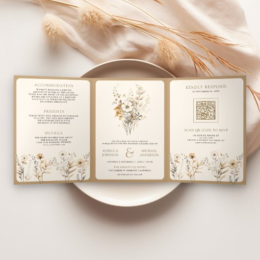 Invitation Trois Volets Automne Boho Fleur sauvage photo QR Code Mariage