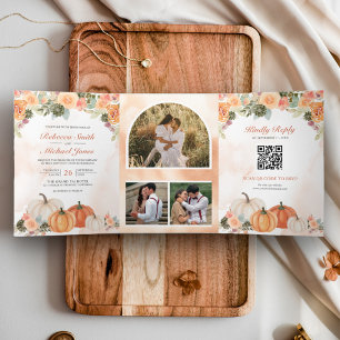 Invitation Trois Volets Automne Pumpkin Floral Code QR Photo de mariage