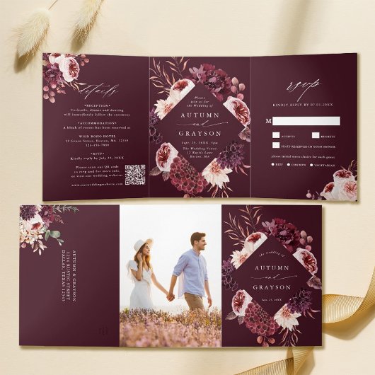 Invitation Trois Volets Automne Romance Aquarelle Florale Mariage Bourgogn