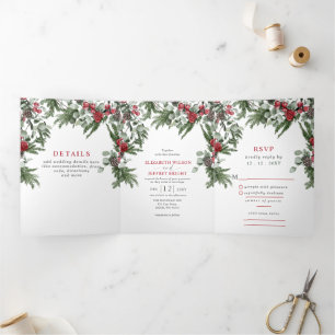Invitation Trois Volets Baies de pin rustiques Noël hiver Mariage