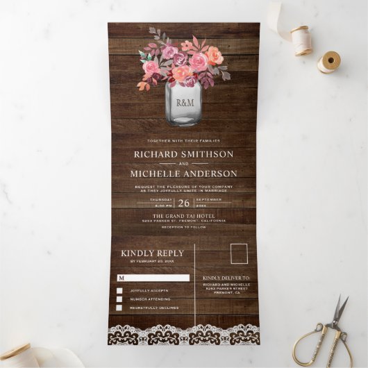 Invitation Trois Volets Barne Rustique Bois Marsala Floral Mason Jar Maria (Intérieur)