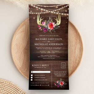 Invitation Trois Volets Barre Bois Chaîne Lumières Floral Or Antler Mariag