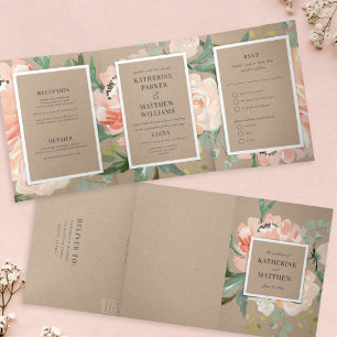 Invitation Trois Volets Beau Aquarelle Floral Kraft All-In-One Mariage