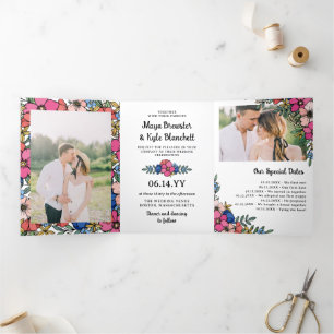 Invitation Trois Volets Beau Coloré Floral Été Mariage Printemps