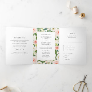 Invitation Trois Volets Beau Mariage tout-en-un à cadre fleuri