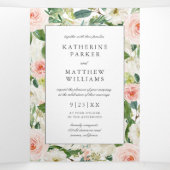 Invitation Trois Volets Beau Mariage tout-en-un à cadre fleuri (Intérieur au milieu)