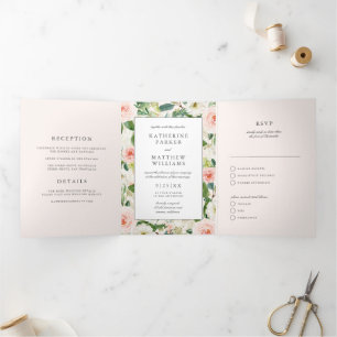 Invitation Trois Volets Beau Mariage tout-en-un à cadre fleuri