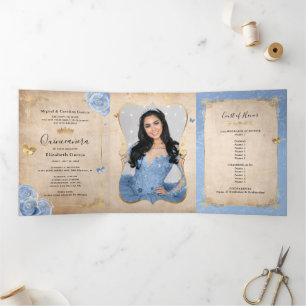 Invitation Trois Volets Bébé clair Bleu et Or élégante photo Quinceanera