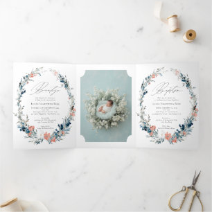 Invitation Trois Volets Bilingue Espagnol Fleurs Anglais Baptême Bautizo