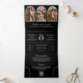 Invitation Trois Volets Black and White Minimal Arch Photo QR code Wedding (Intérieur)