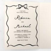 Invitation Trois Volets Black Cream Hand Drawn Bow QR Code Photo Wedding (Intérieur en premier)