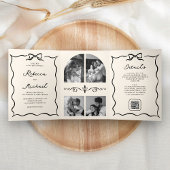 Invitation Trois Volets Black Cream Hand Drawn Bow QR Code Photo Wedding