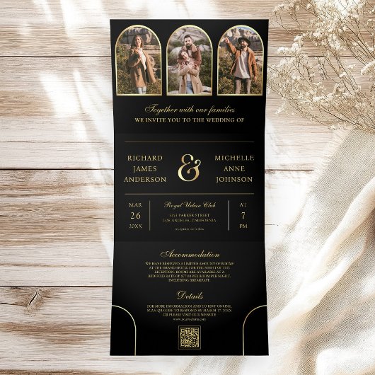 Invitation Trois Volets Black Gold Minimal Arch Photo QR code Wedding